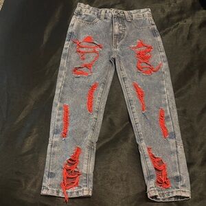 Fashion Nova Kids Distressed Blue Jeans with Red Underlay